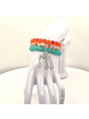 Colorful Beaded Stretch Bracelet Set With Silver Tone Lotus Charm Boho Jewelry L